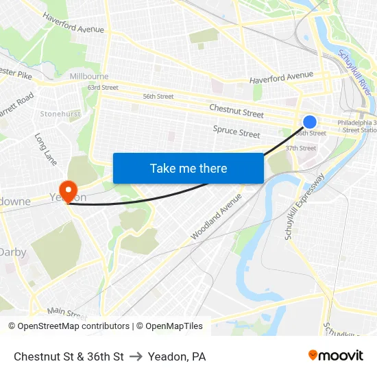 Chestnut St & 36th St to Yeadon, PA map