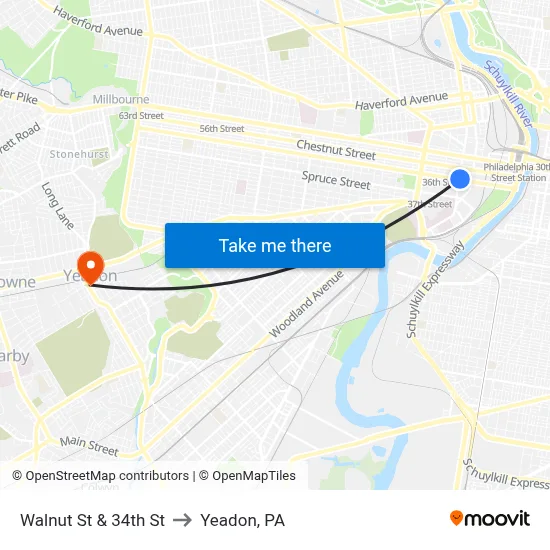 Walnut St & 34th St to Yeadon, PA map