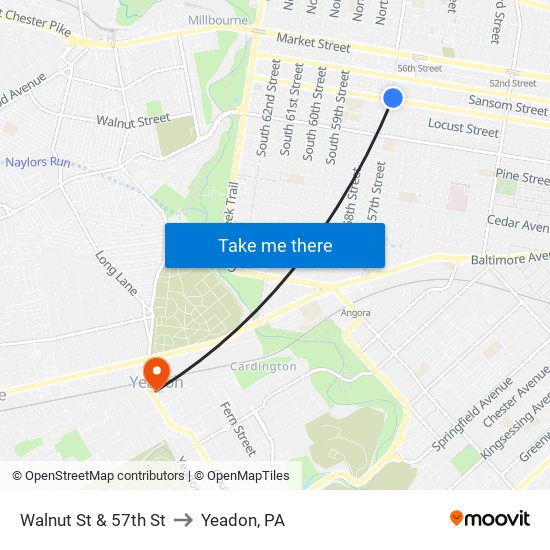 Walnut St & 57th St to Yeadon, PA map