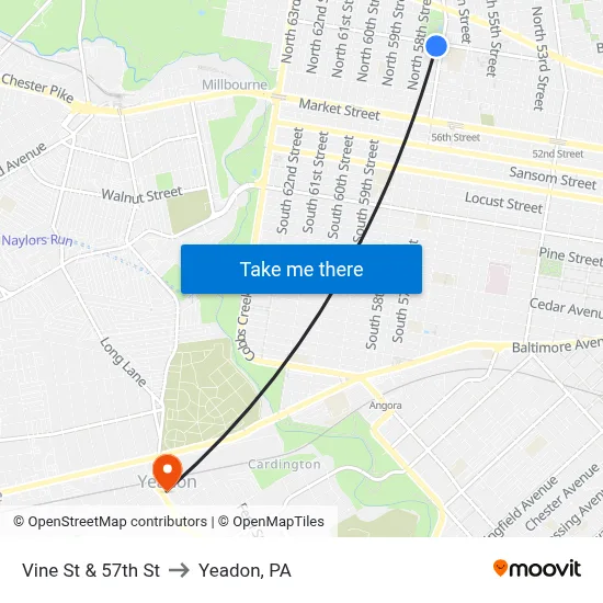 Vine St & 57th St to Yeadon, PA map