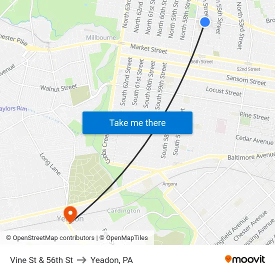 Vine St & 56th St to Yeadon, PA map