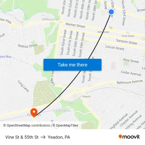 Vine St & 55th St to Yeadon, PA map