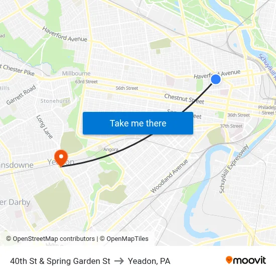 40th St & Spring Garden St to Yeadon, PA map
