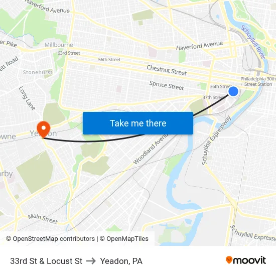 33rd St & Locust St to Yeadon, PA map