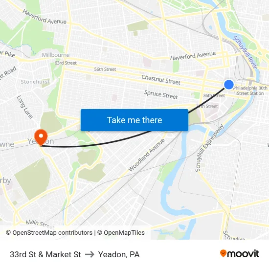 33rd St & Market St to Yeadon, PA map