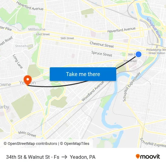 34th St & Walnut St - Fs to Yeadon, PA map