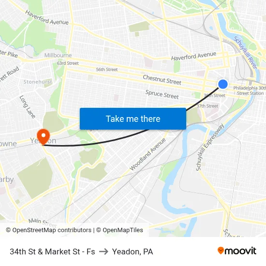 34th St & Market St - Fs to Yeadon, PA map