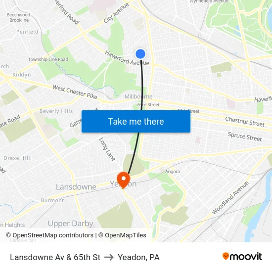 Lansdowne Av & 65th St to Yeadon, PA map