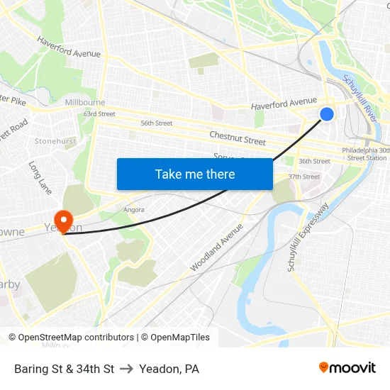 Baring St & 34th St to Yeadon, PA map