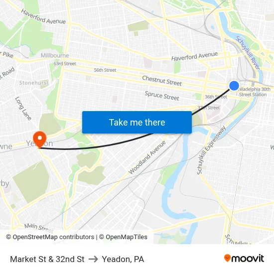 Market St & 32nd St to Yeadon, PA map