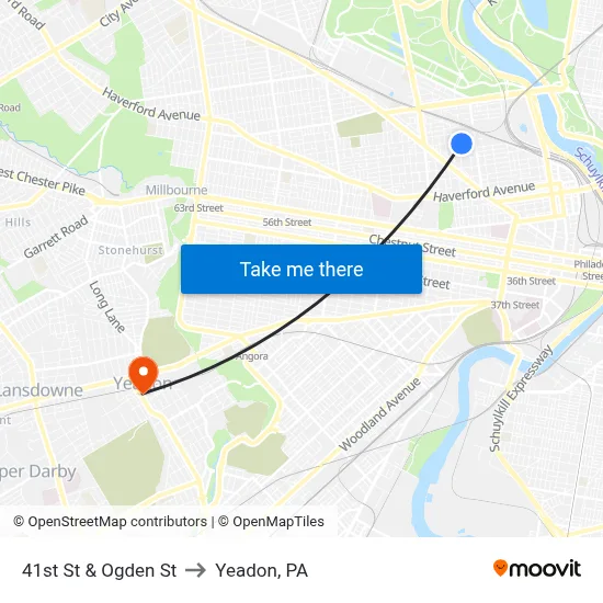 41st St & Ogden St to Yeadon, PA map