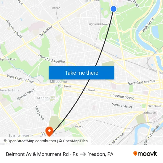 Belmont Av & Monument Rd - Fs to Yeadon, PA map