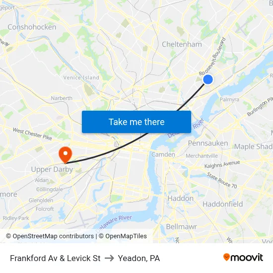 Frankford Av & Levick St to Yeadon, PA map