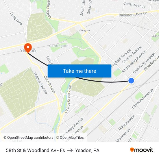 58th St & Woodland Av - Fs to Yeadon, PA map