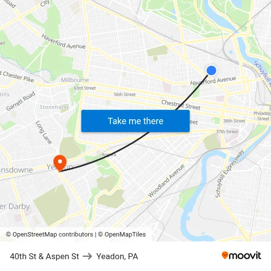 40th St & Aspen St to Yeadon, PA map