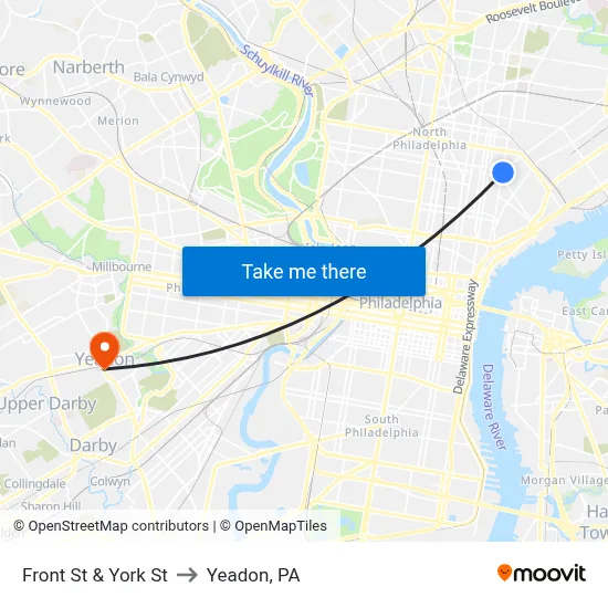 Front St & York St to Yeadon, PA map