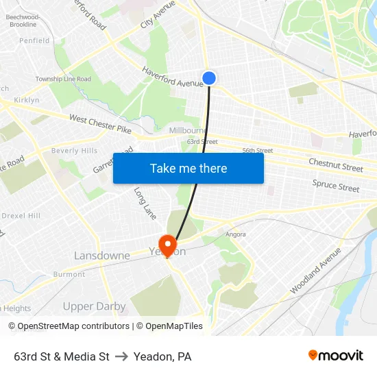 63rd St & Media St to Yeadon, PA map