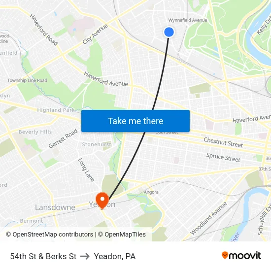 54th St & Berks St to Yeadon, PA map