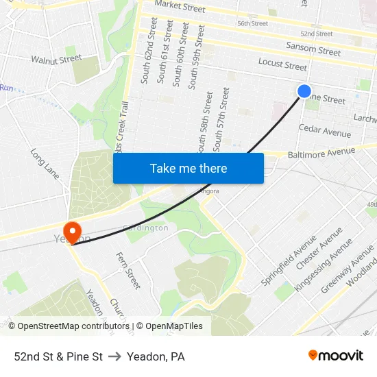 52nd St & Pine St to Yeadon, PA map