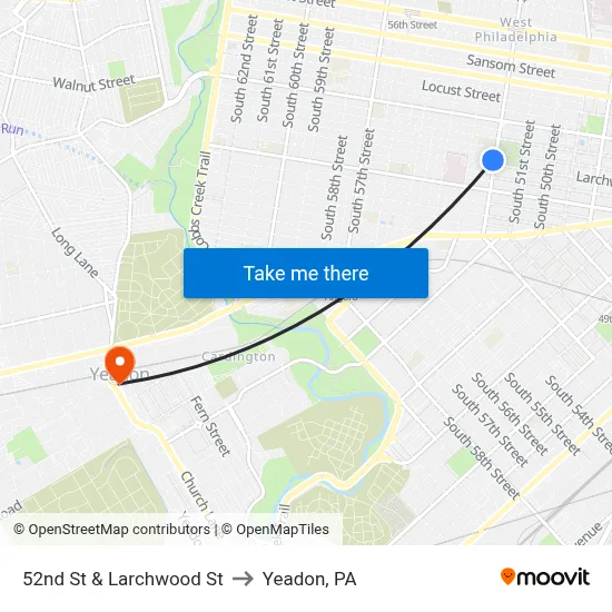 52nd St & Larchwood St to Yeadon, PA map