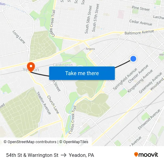 54th St & Warrington St to Yeadon, PA map