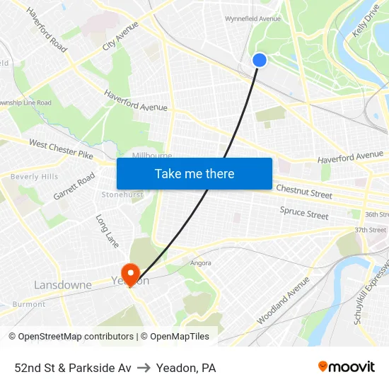 52nd St & Parkside Av to Yeadon, PA map