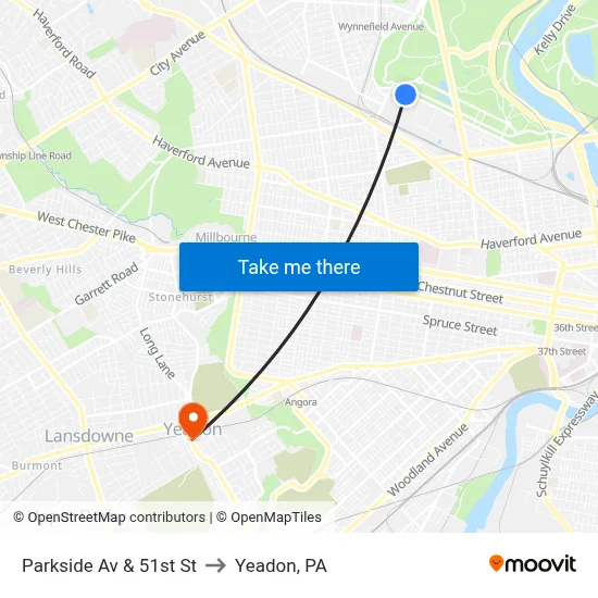Parkside Av & 51st St to Yeadon, PA map