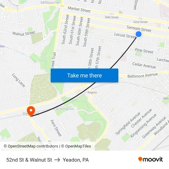 52nd St & Walnut St to Yeadon, PA map