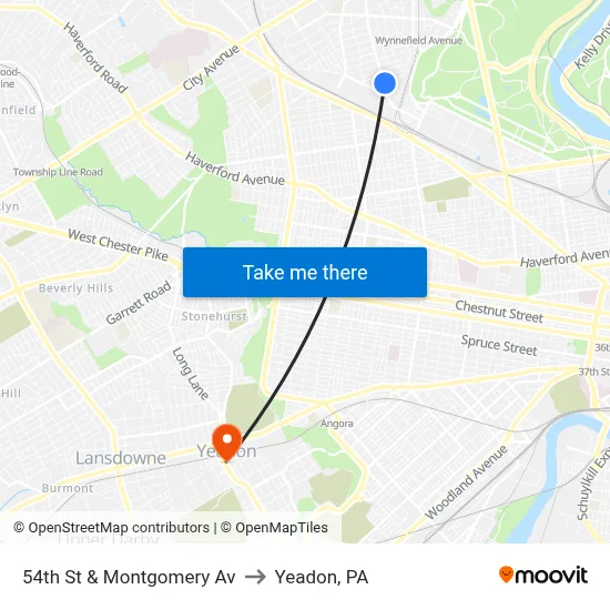 54th St & Montgomery Av to Yeadon, PA map
