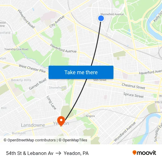 54th St & Lebanon Av to Yeadon, PA map