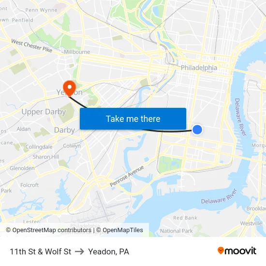 11th St & Wolf St to Yeadon, PA map