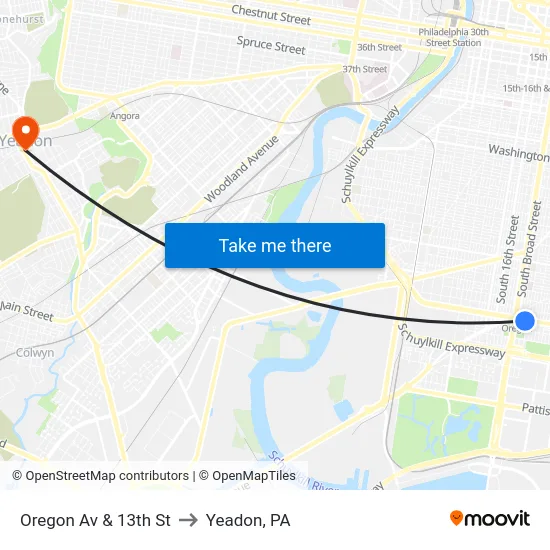 Oregon Av & 13th St to Yeadon, PA map