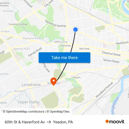 60th St & Haverford Av to Yeadon, PA map