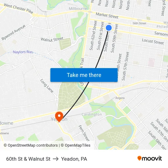 60th St & Walnut St to Yeadon, PA map