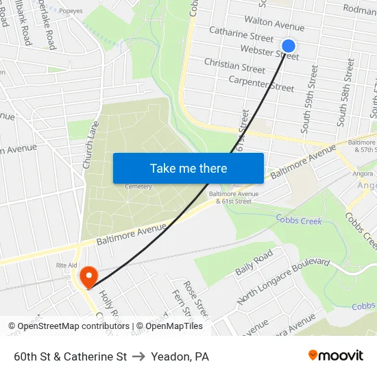 60th St & Catherine St to Yeadon, PA map