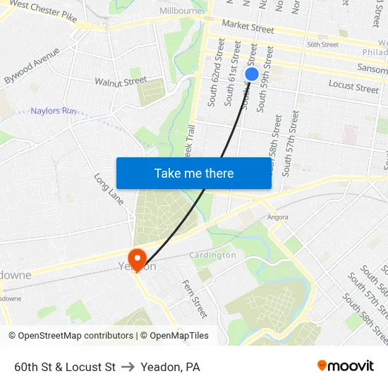 60th St & Locust St to Yeadon, PA map