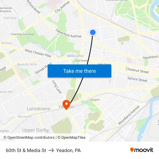 60th St & Media St to Yeadon, PA map