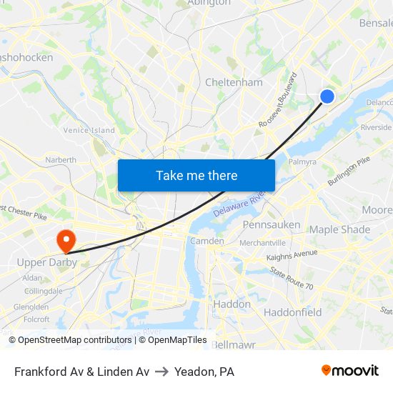 Frankford Av & Linden Av to Yeadon, PA map