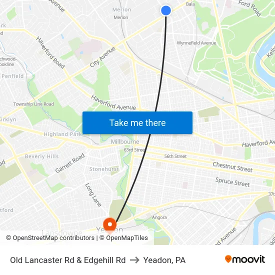 Old Lancaster Rd & Edgehill Rd to Yeadon, PA map