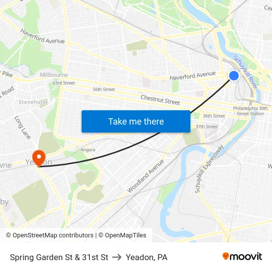 Spring Garden St & 31st St to Yeadon, PA map