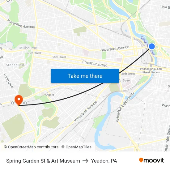 Spring Garden St & Art Museum to Yeadon, PA map