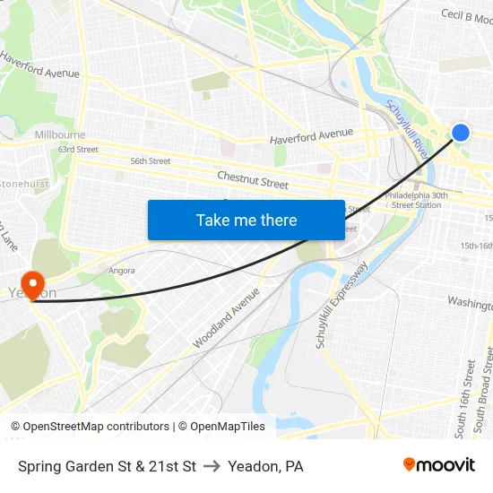 Spring Garden St & 21st St to Yeadon, PA map