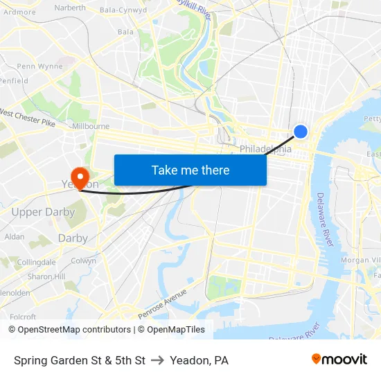 Spring Garden St & 5th St to Yeadon, PA map