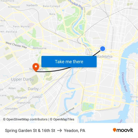 Spring Garden St & 16th St to Yeadon, PA map