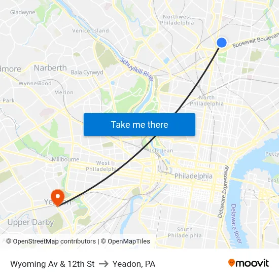 Wyoming Av & 12th St to Yeadon, PA map