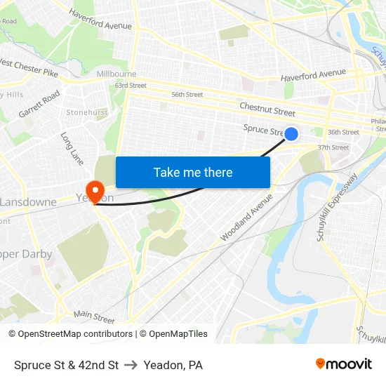 Spruce St & 42nd St to Yeadon, PA map