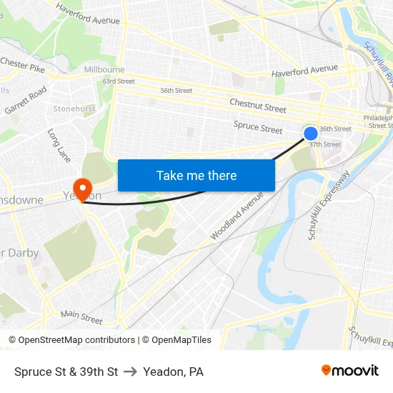 Spruce St & 39th St to Yeadon, PA map