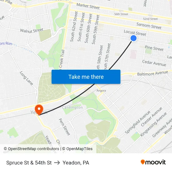 Spruce St & 54th St to Yeadon, PA map