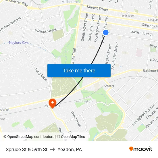 Spruce St & 59th St to Yeadon, PA map