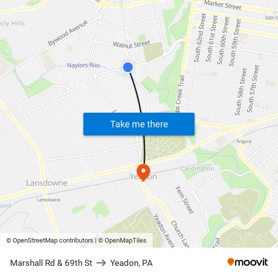 Marshall Rd & 69th St to Yeadon, PA map